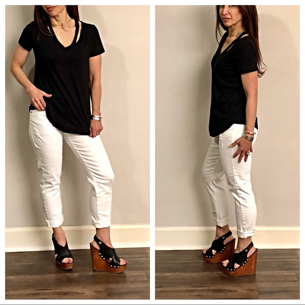 Black V neck short sleeves top with cut outs - Picture 4 of 6